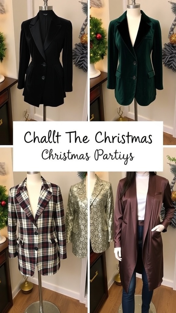 Stylish blazer outfits for Christmas parties displayed in a festive setting.